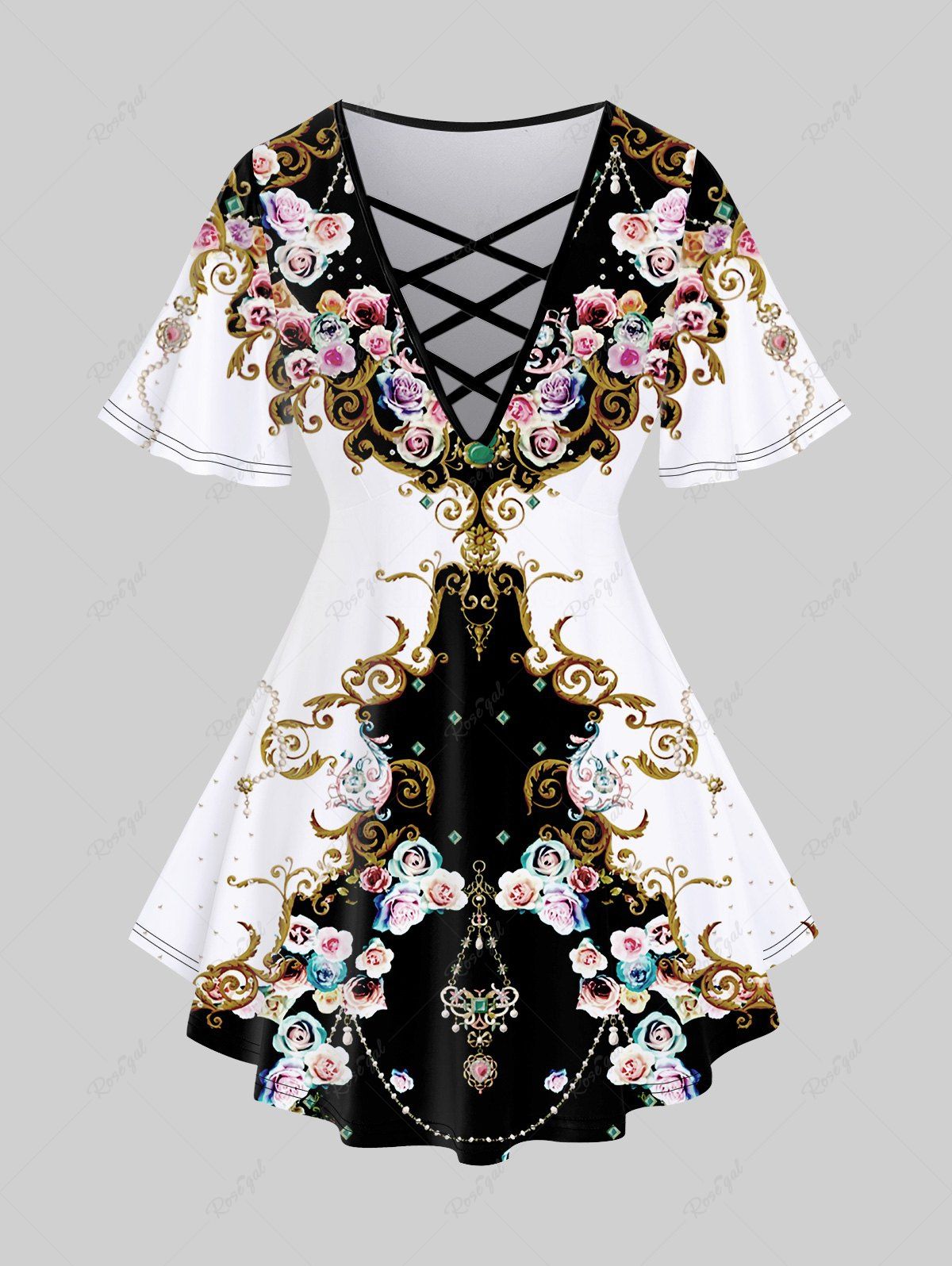 Fashion Plus Size Flower Chains Gem Colorblock Print Crisscross Short Sleeve T-shirt  