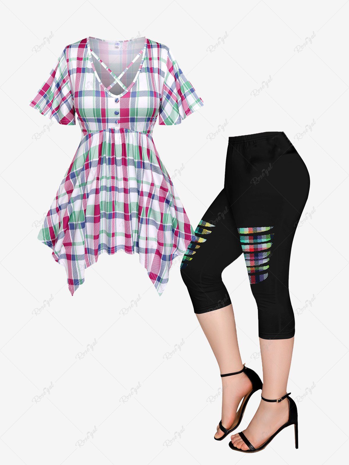 Plaid Button Handkerchief Crisscross T-Shirt and 3D Ripped Leggings Plus Size Summer Outfit Multi 