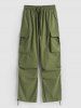 Pantalon Cargo Parachute à Cordon de Serrage avec Poches à Rabat - Vert Fougère S