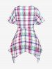 Plaid Button Handkerchief Crisscross T-Shirt and 3D Ripped Leggings Plus Size Summer Outfit - Multi 