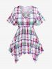 Plaid Button Handkerchief Crisscross T-Shirt and 3D Ripped Leggings Plus Size Summer Outfit - Multi 