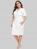 Plus Size Zipper Buttons Pocket Hollow Out Lace Shoulder Hooded Dress -  
