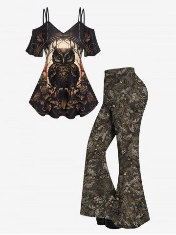 Owl Tree Flower Print Cold Shoulder T-shirt And Leopard Owl Butterfly Print Flare Pants Gothic Outfit - DEEP COFFEE
