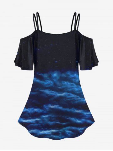 Plus Size Galaxy Moon Cloud Cat Print Cold Shoulder Short Sleeve T-shirt