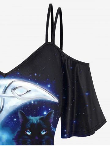 Plus Size Galaxy Moon Cloud Cat Print Cold Shoulder Short Sleeve T-shirt