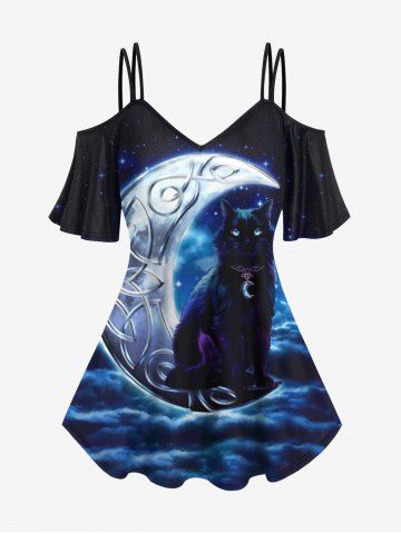 T-shirt Chat Lune et Galaxie Imprimés à Epaule Dénudée à Manches Courtes de Grande Taille