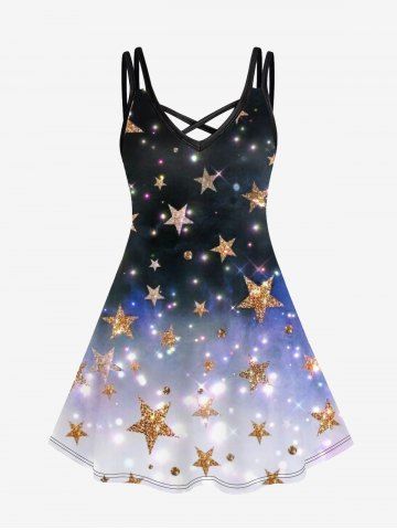 Plus Size Galaxy Stars Ombre Sparkling Sequin Glitter Print Crisscross Cami Dress - PURPLE - 3X | US 22-24