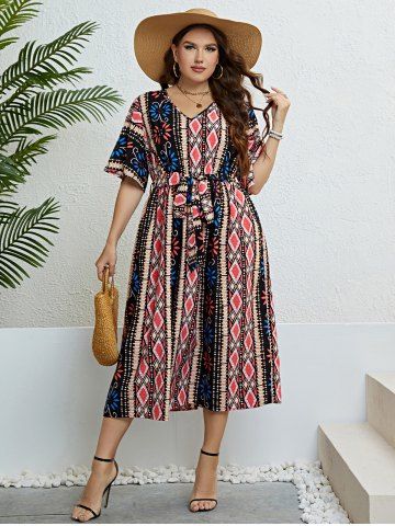 Plus Size Geo Floral Printed High Waisted A Line Midi Belt Dress