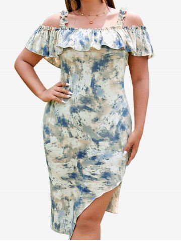 Plus Size Flounce Cold Shoulder Bodycon Asymmetric Dress - LIGHT BLUE - XL
