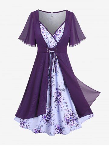 Plus Size Lace Up Chiffon Flower Print Surplice Dress - PURPLE - 2X | US 18-20