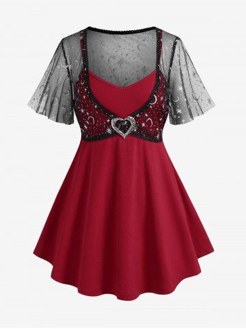 Plus Size Valentine's Day Moon Star Mesh Heart Buckle T-shirt (Adjustable Shoulder Strap) - RED - 2X | US 18-20