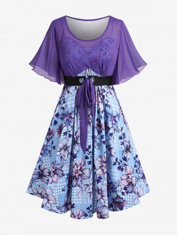 Plus Size Flowers Leaves Print Pockets Tie Butterfly Sleeves Dress - BLUE - 4X | US 26-28