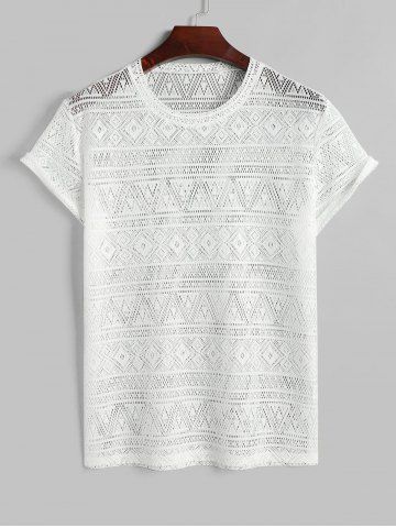 Geometric Sheer Openwork Short Sleeves T-shirt - WHITE - L