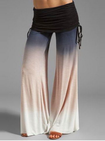 Ombre Print Cinched Foldover Elastic Waist Wide Leg Pants - LIGHT COFFEE - XXL