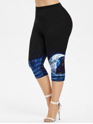 Legging Chat Lune et Galaxie Imprimés de Grande Taille - Bleu 4X | US 26-28