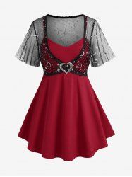 Plus Size Valentine's Day Moon Star Mesh Heart Buckle T-shirt (Adjustable Shoulder Strap) - L | Us 12 