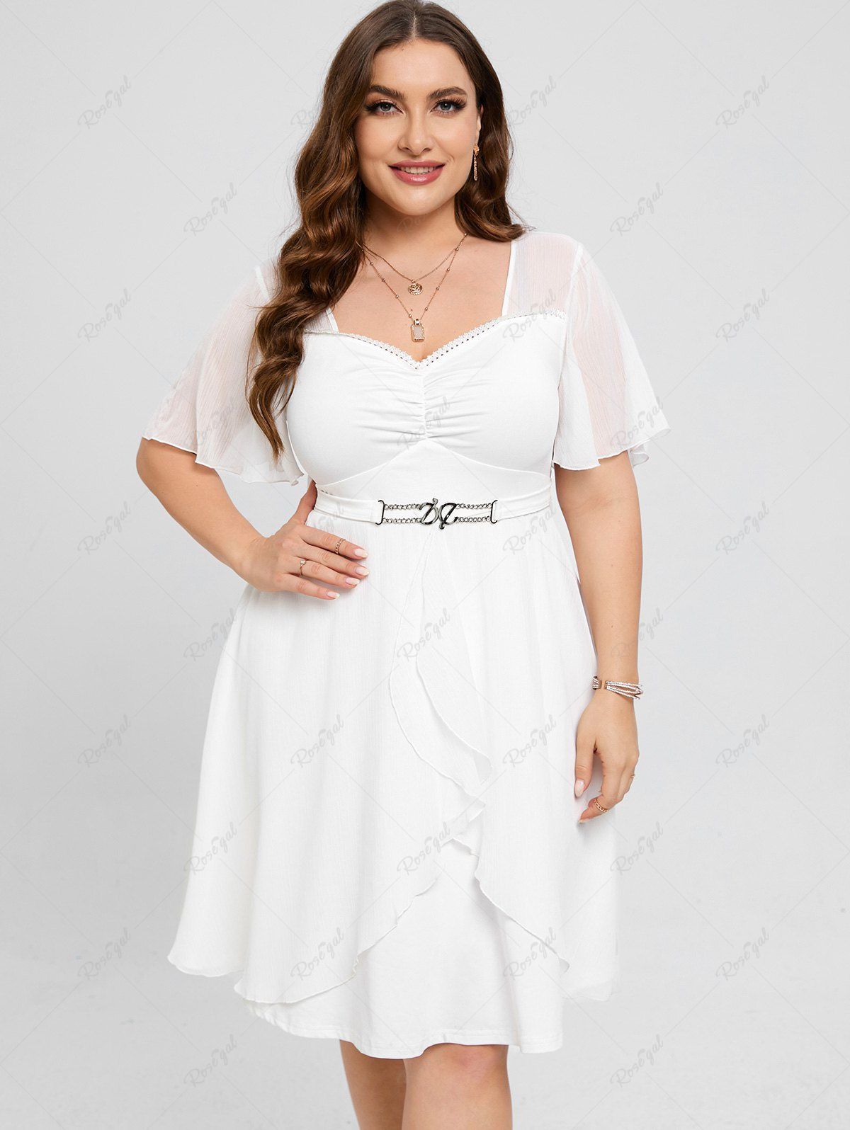 Trendy Plus Size  Ruched Flounce Lace Trim Flutter Sleeves A Line Wedding Dress  
