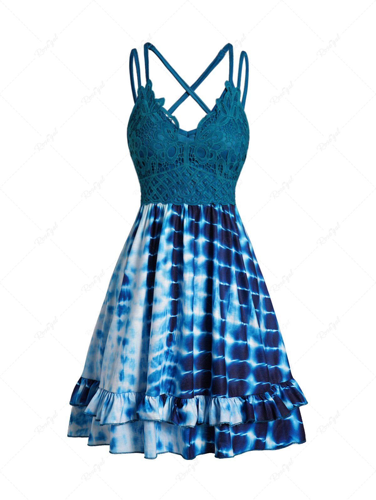 Mini Robe Teintée Imprimée à Bretelle Croisée à Volants Bleu clair XL