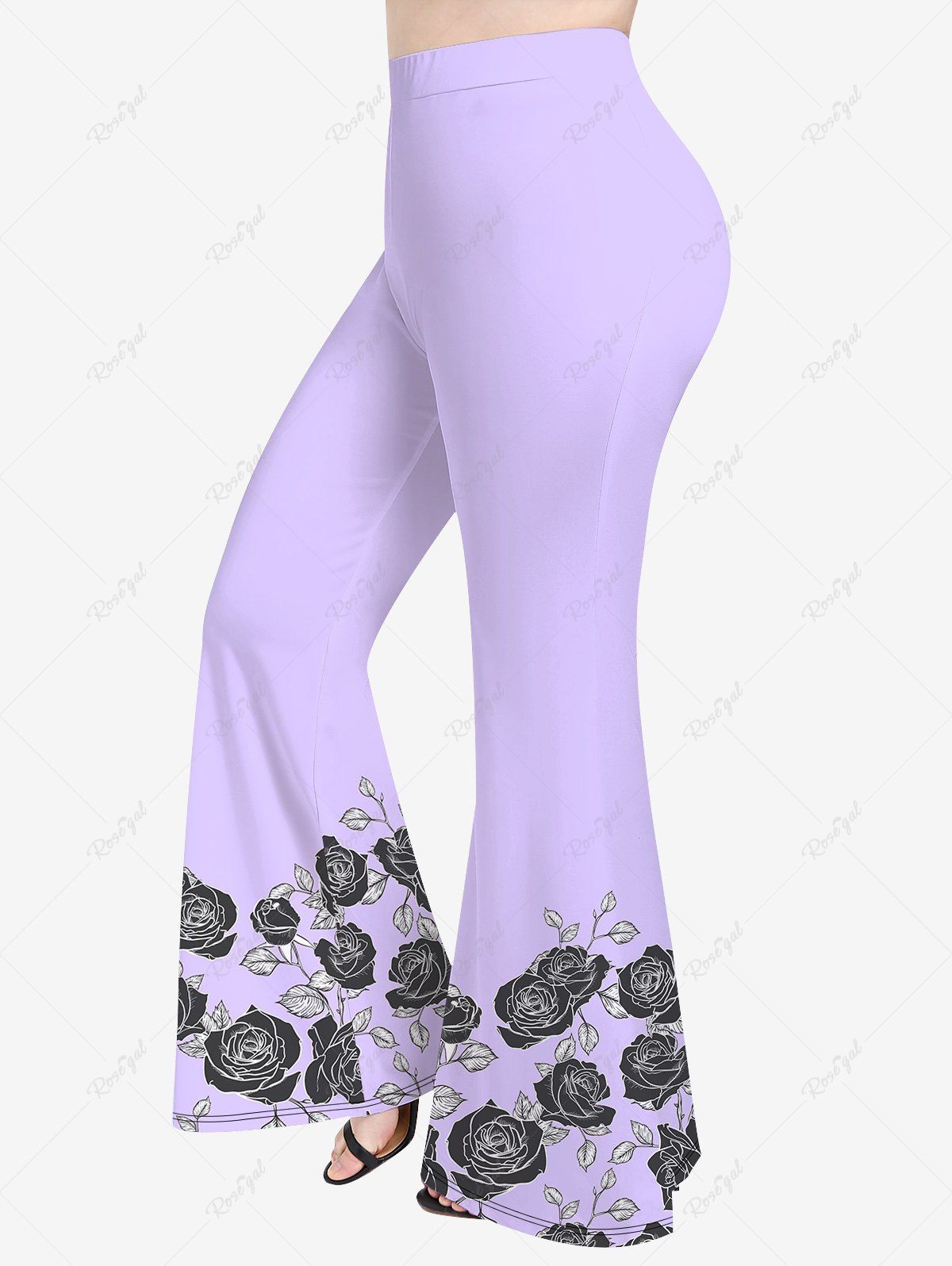 Pantalon Evasé Fleur Feuille Imprimée de Grande Taille Violet clair 5x | US 30-32