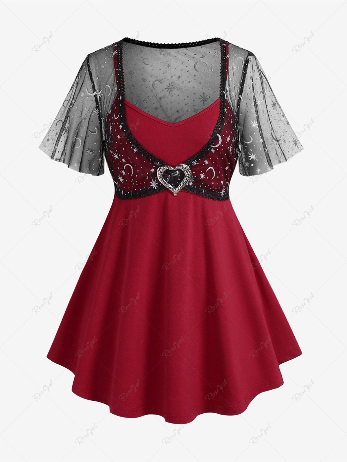 Fashion Plus Size Valentine's Day Moon Star Mesh Heart Buckle T-shirt (Adjustable Shoulder Strap)  