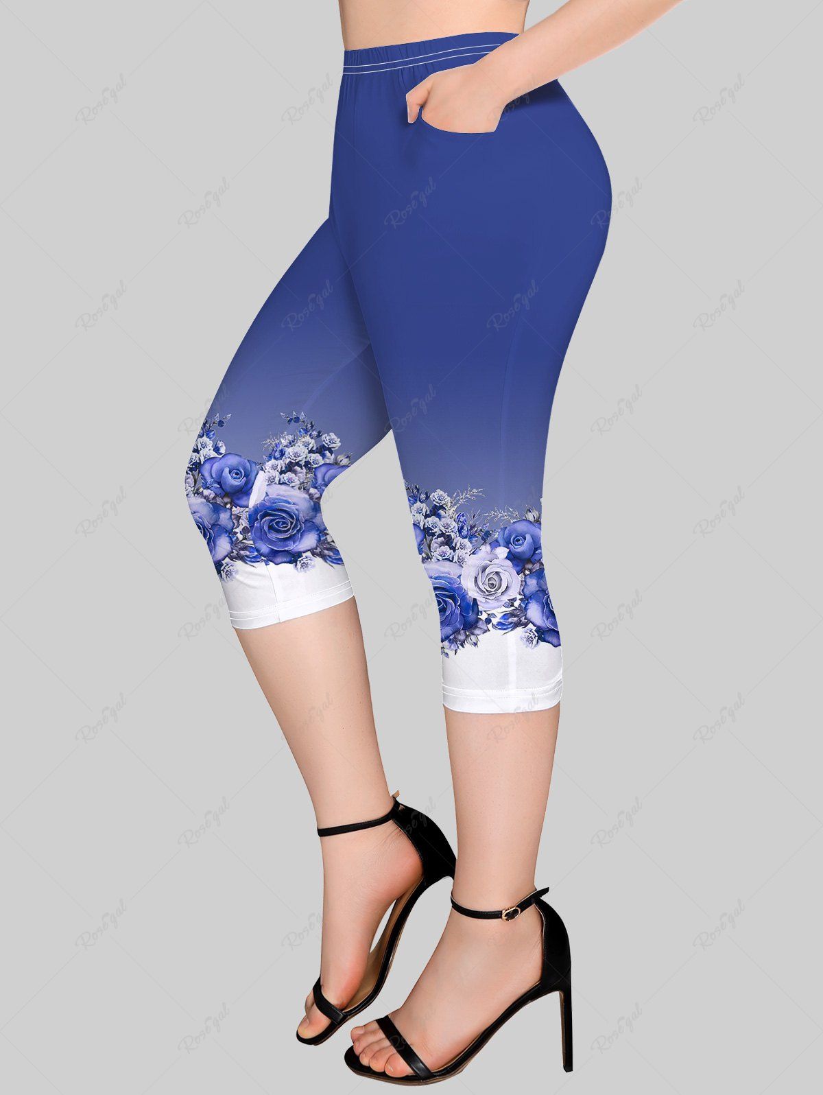 Legging Capri Ombré Fleur Imprimée en Blocs de Couleurs avec Poche de Grande Taille Bleu 6X