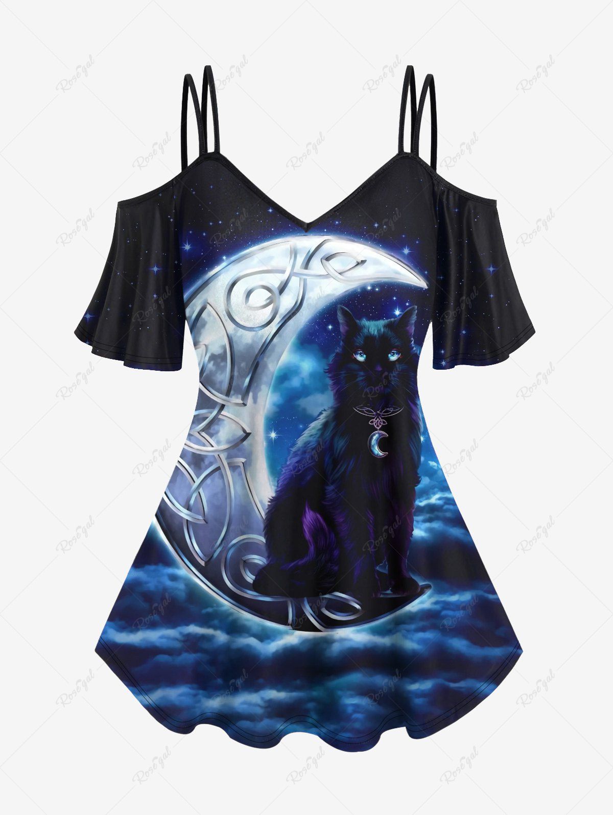 Latest Plus Size Galaxy Moon Cloud Cat Print Cold Shoulder Short Sleeve T-shirt  