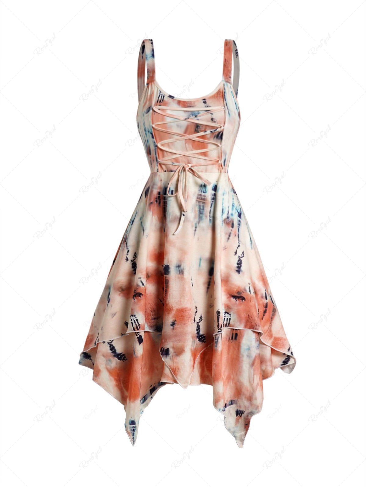 Fancy Tie Dye Print Layered Asymmetric Lace Up Midi Dress  