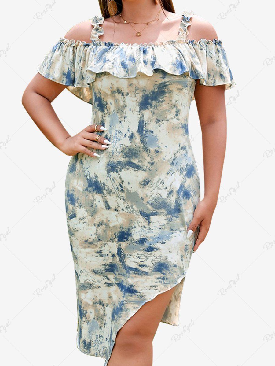 Affordable Plus Size Flounce Cold Shoulder Bodycon Asymmetric Dress  