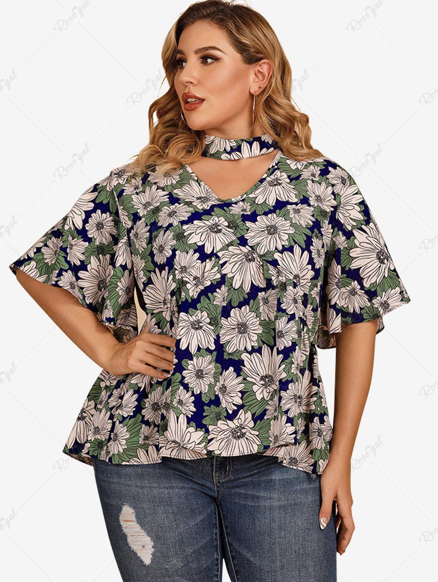 Chic Plus Size Keyhole Floral Flare Sleeves Blouse  