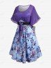 Plus Size Flowers Leaves Print Pockets Tie Butterfly Sleeves Dress -  