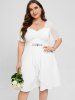 Plus Size  Ruched Flounce Lace Trim Flutter Sleeves A Line Wedding Dress -  