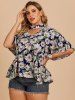 Plus Size Keyhole Floral Flare Sleeves Blouse -  