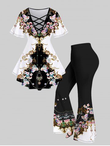 Plus Size Flower Chains Gem Colorblock Printed Crisscross Short Sleeve T-shirt and Flare Pants Outfit - BLACK