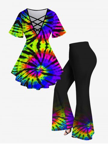 Plus Size Tie Dye Crisscross Short Sleeve T-Shirt and Flare Pants 70s 80s Outfit - MULTI