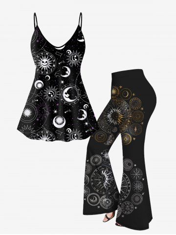 Gothic 3D Moon Sun Glitter Printed Spaghetti Strap Top(Adjustable Shoulder Strap) and Flare Pants Outfit