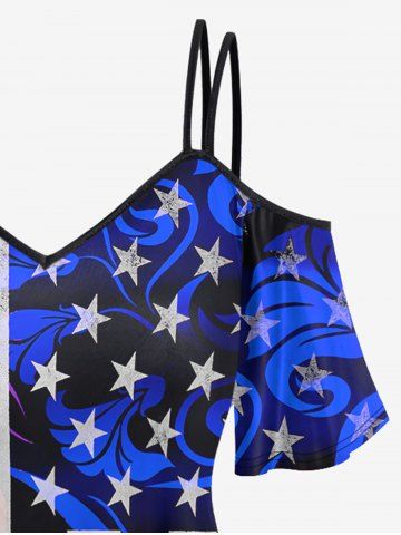 American Flag Printed Cold Shoulder Tee and Flare Pants Plus Size Patriotic 70s 80s Outfit