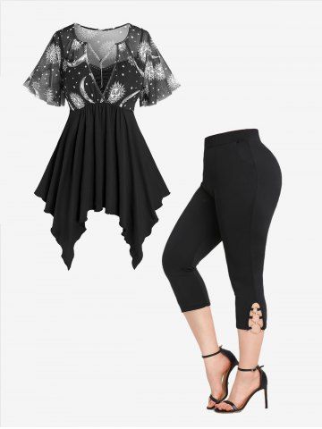 Sun Moon Printed Mesh Panel Handkerchief Twofer Tee and O-rings Pockets Capri Leggings Plus Size Outfit - BLACK
