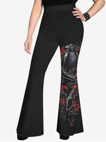 Gothic Leaves Tree Branch Bird Print Flare Pants