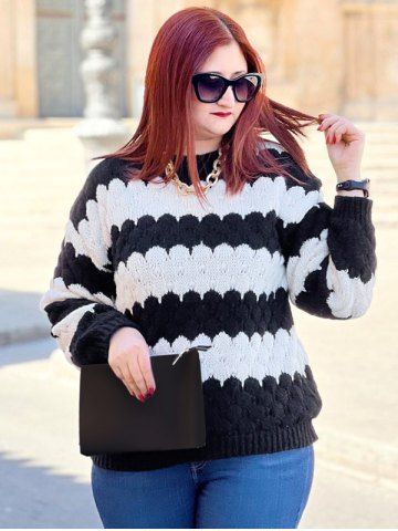 Plus Size Colorblock Chunky Sweater - BLACK - 1X | US 14-16