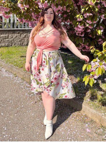 Plus Size Crossover Floral Print High Low Two Piece Dress