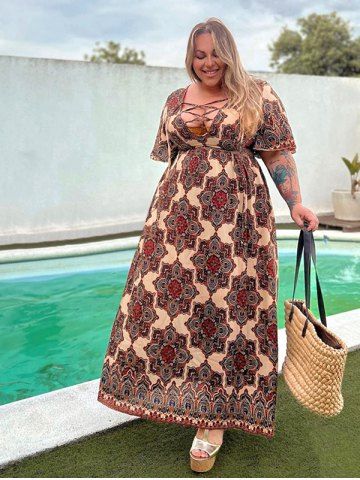 Flutter Sleeve Ethnic Printed Lace Up Plus Size Dress - COFFEE - 1X