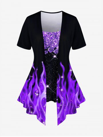 Plus Size Flame Sparkling Sequin Glitter Print Faux Two Piece T-shirt - PURPLE - S | US 8