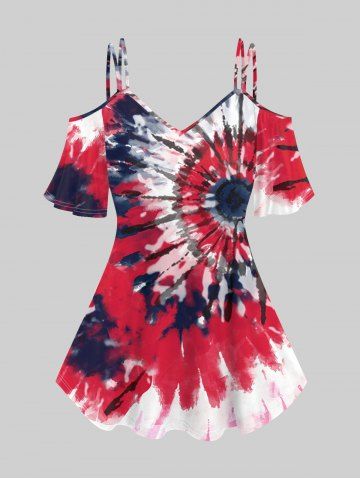 Plus Size Cold Shoulder Tie Dye Short Sleeves T-shirt - RED - 1X | US 14-16