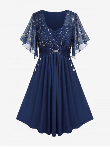 Plus Size Stars Print Buckle Button Pockets Ruched Butterfly Sleeves Dress