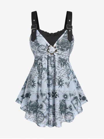 Plus Size Flower Leaves Butterfly Sun Print Buckle Ruched Cami Top - LIGHT GRAY - 4X | US 26-28