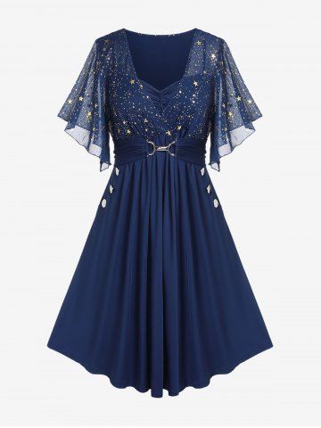Plus Size Stars Print Buckle Button Pockets Ruched Butterfly Sleeves Dress - DEEP BLUE - 1X | US 14-16