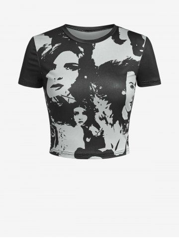 Abstract Figure Printed Vintage Short Sleeve Baby Tee - BLACK - S