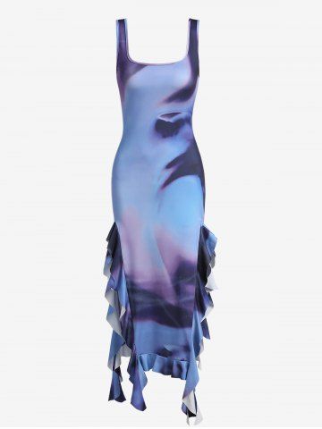 Ruffle Tie Dye Slit U Neck Midi Dress - CONCORD - L