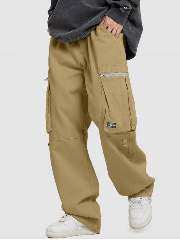 Zip Pocket Drawstring Wide Leg Cargo Pants - LIGHT COFFEE - S