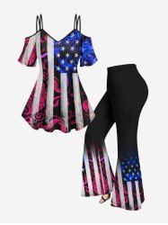 American Flag Printed Cold Shoulder Tee and Flare Pants Plus Size Patriotic Outfit -  